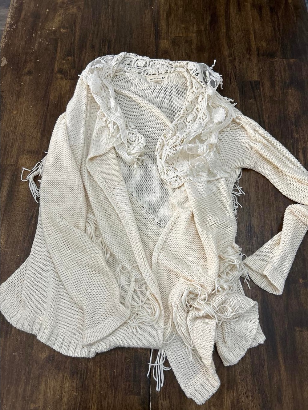 Double Zero Cream Open-Front Knit Cardigan with Lace Trim